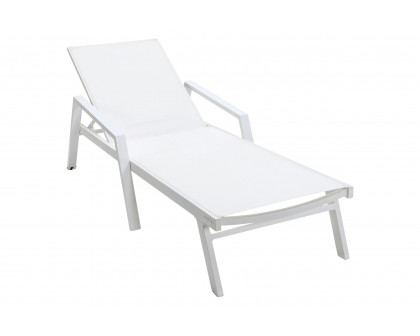 LeisureMod Marlin Modern White Aluminum Outdoor Chaise Lounge Chair With Arms and Square Fire Pit Side Table for Patio - White