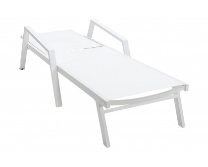 LeisureMod Marlin Modern White Aluminum Outdoor Chaise Lounge Chair With Arms and Square Fire Pit Side Table for Patio - White