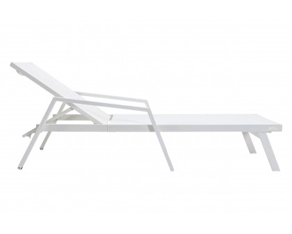 LeisureMod Marlin Modern White Aluminum Outdoor Chaise Lounge Chair With Arms and Square Fire Pit Side Table for Patio - White