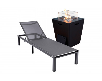 LeisureMod Marlin Modern Black Aluminum Outdoor Patio Chaise Lounge Chair with Square Fire Pit Side Table