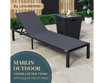 LeisureMod Marlin Modern Black Aluminum Outdoor Patio Chaise Lounge Chair with Square Fire Pit Side Table - Black