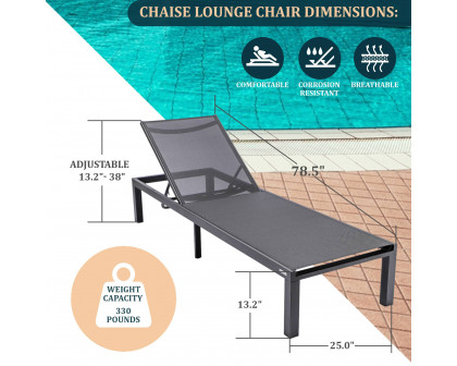 LeisureMod Marlin Modern Black Aluminum Outdoor Patio Chaise Lounge Chair with Square Fire Pit Side Table - Black