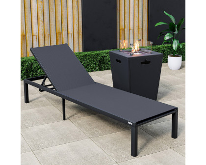 LeisureMod Marlin Modern Black Aluminum Outdoor Patio Chaise Lounge Chair with Square Fire Pit Side Table - Black