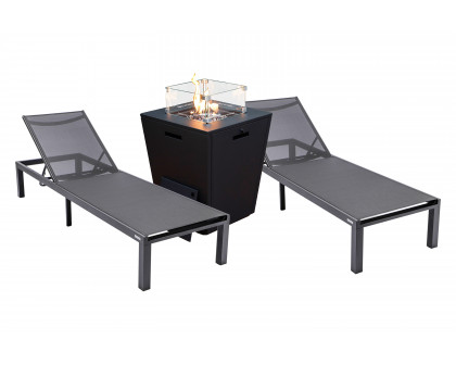 LeisureMod Marlin Modern Black Aluminum Outdoor Chaise Lounge Chair With Square Fire Pit Side Table Set of 2