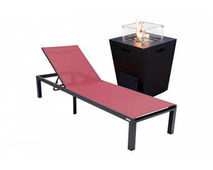 LeisureMod Marlin Modern Black Aluminum Outdoor Patio Chaise Lounge Chair with Square Fire Pit Side Table