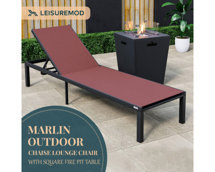 LeisureMod Marlin Modern Black Aluminum Outdoor Patio Chaise Lounge Chair with Square Fire Pit Side Table - Burgundy