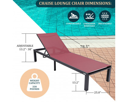 LeisureMod Marlin Modern Black Aluminum Outdoor Patio Chaise Lounge Chair with Square Fire Pit Side Table - Burgundy