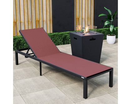 LeisureMod Marlin Modern Black Aluminum Outdoor Patio Chaise Lounge Chair with Square Fire Pit Side Table - Burgundy