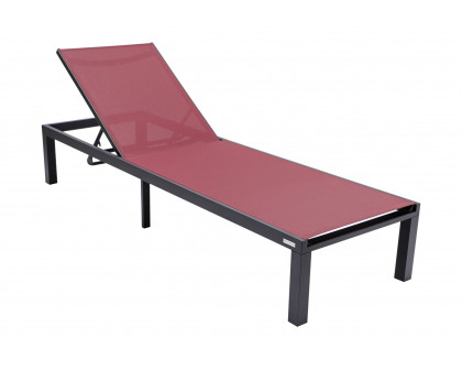 LeisureMod Marlin Modern Black Aluminum Outdoor Patio Chaise Lounge Chair with Square Fire Pit Side Table - Burgundy