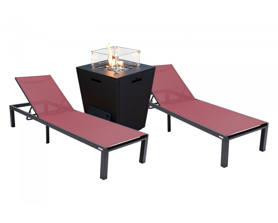 LeisureMod Marlin Modern Black Aluminum Outdoor Chaise Lounge Chair With Square Fire Pit Side Table Set of 2 - Burgundy