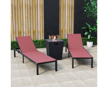 LeisureMod Marlin Modern Black Aluminum Outdoor Chaise Lounge Chair With Square Fire Pit Side Table Set of 2 - Burgundy