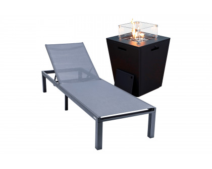 LeisureMod Marlin Modern Black Aluminum Outdoor Patio Chaise Lounge Chair with Square Fire Pit Side Table