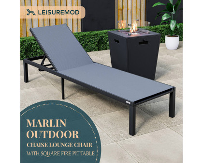 LeisureMod Marlin Modern Black Aluminum Outdoor Patio Chaise Lounge Chair with Square Fire Pit Side Table - Dark Gray