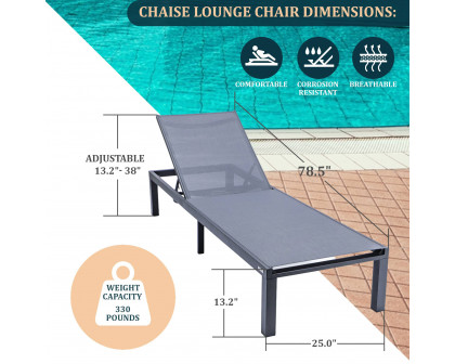 LeisureMod Marlin Modern Black Aluminum Outdoor Patio Chaise Lounge Chair with Square Fire Pit Side Table - Dark Gray