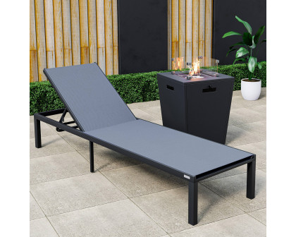 LeisureMod Marlin Modern Black Aluminum Outdoor Patio Chaise Lounge Chair with Square Fire Pit Side Table - Dark Gray