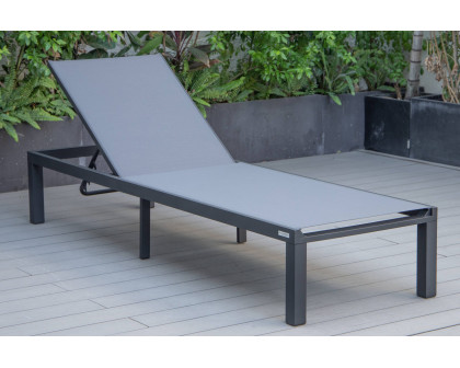 LeisureMod Marlin Modern Black Aluminum Outdoor Patio Chaise Lounge Chair with Square Fire Pit Side Table - Dark Gray