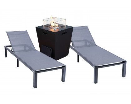 LeisureMod Marlin Modern Black Aluminum Outdoor Chaise Lounge Chair With Square Fire Pit Side Table Set of 2