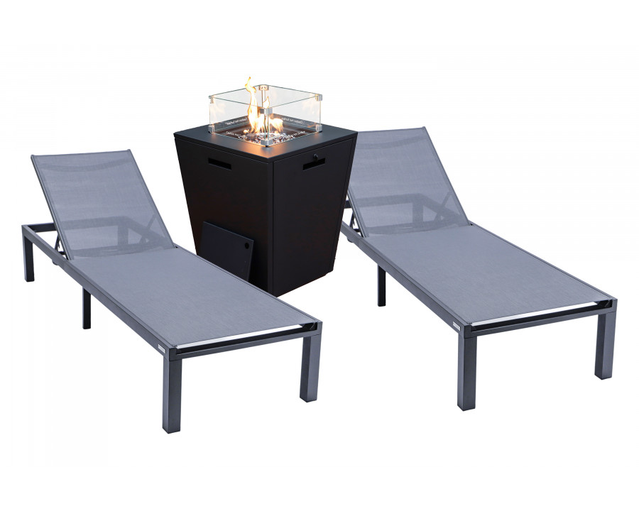 LeisureMod Marlin Modern Black Aluminum Outdoor Chaise Lounge Chair With Square Fire Pit Side Table Set of 2 - Dark Gray