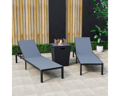 LeisureMod Marlin Modern Black Aluminum Outdoor Chaise Lounge Chair With Square Fire Pit Side Table Set of 2 - Dark Gray