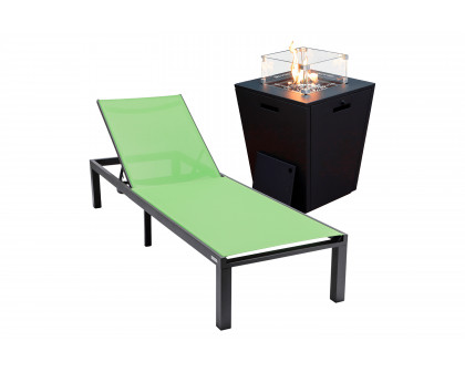 LeisureMod Marlin Modern Black Aluminum Outdoor Patio Chaise Lounge Chair with Square Fire Pit Side Table