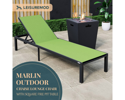 LeisureMod Marlin Modern Black Aluminum Outdoor Patio Chaise Lounge Chair with Square Fire Pit Side Table - Green