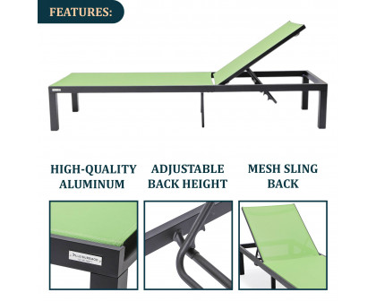 LeisureMod Marlin Modern Black Aluminum Outdoor Patio Chaise Lounge Chair with Square Fire Pit Side Table - Green