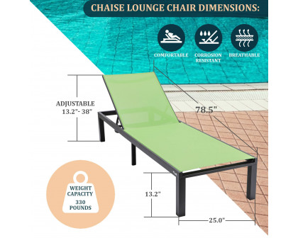 LeisureMod Marlin Modern Black Aluminum Outdoor Patio Chaise Lounge Chair with Square Fire Pit Side Table - Green