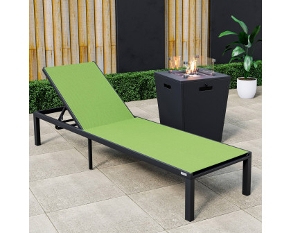 LeisureMod Marlin Modern Black Aluminum Outdoor Patio Chaise Lounge Chair with Square Fire Pit Side Table - Green