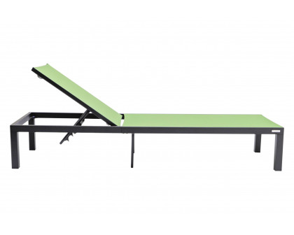 LeisureMod Marlin Modern Black Aluminum Outdoor Patio Chaise Lounge Chair with Square Fire Pit Side Table - Green