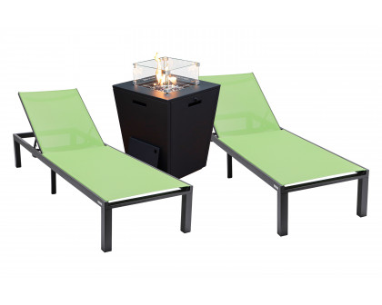 LeisureMod Marlin Modern Black Aluminum Outdoor Chaise Lounge Chair With Square Fire Pit Side Table Set of 2