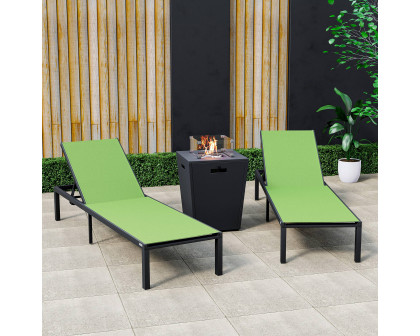 LeisureMod Marlin Modern Black Aluminum Outdoor Chaise Lounge Chair With Square Fire Pit Side Table Set of 2 - Green