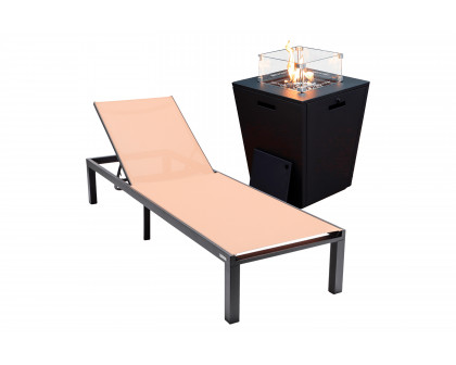 LeisureMod Marlin Modern Black Aluminum Outdoor Patio Chaise Lounge Chair with Square Fire Pit Side Table