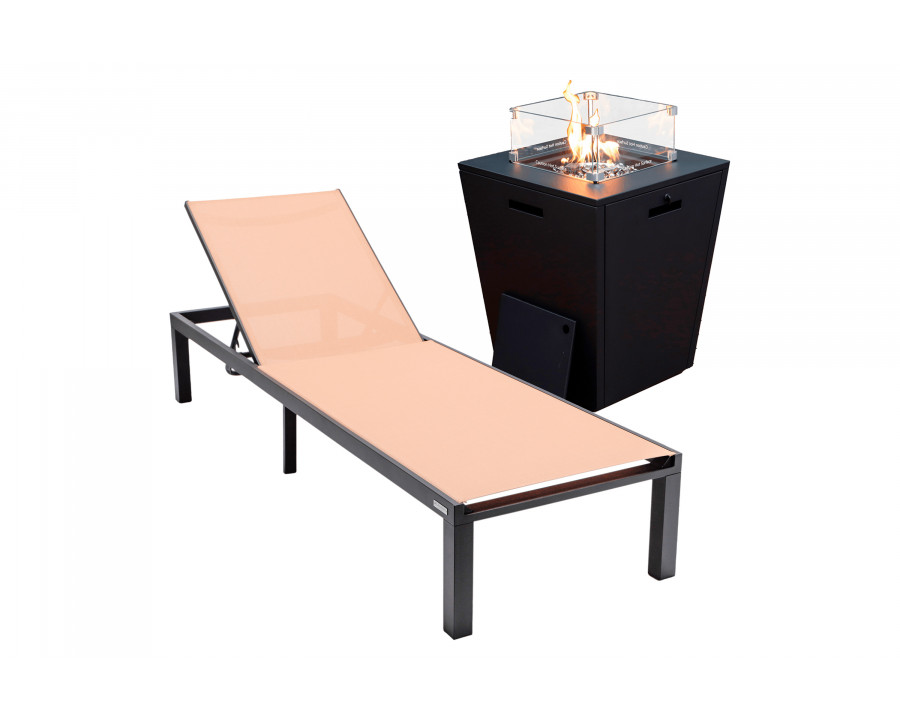 LeisureMod Marlin Modern Black Aluminum Outdoor Patio Chaise Lounge Chair with Square Fire Pit Side Table - Light Brown