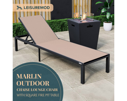 LeisureMod Marlin Modern Black Aluminum Outdoor Patio Chaise Lounge Chair with Square Fire Pit Side Table - Light Brown