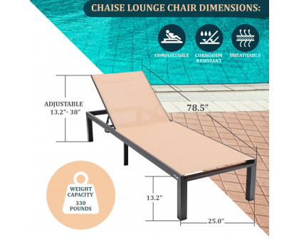 LeisureMod Marlin Modern Black Aluminum Outdoor Patio Chaise Lounge Chair with Square Fire Pit Side Table - Light Brown