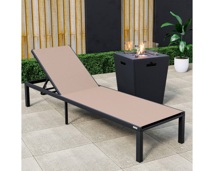 LeisureMod Marlin Modern Black Aluminum Outdoor Patio Chaise Lounge Chair with Square Fire Pit Side Table - Light Brown