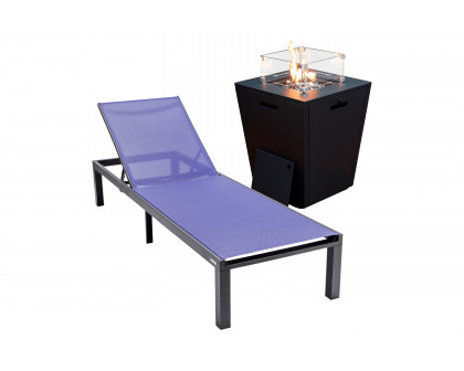 LeisureMod Marlin Modern Black Aluminum Outdoor Patio Chaise Lounge Chair with Square Fire Pit Side Table