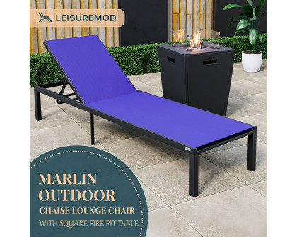 LeisureMod Marlin Modern Black Aluminum Outdoor Patio Chaise Lounge Chair with Square Fire Pit Side Table - Navy Blue