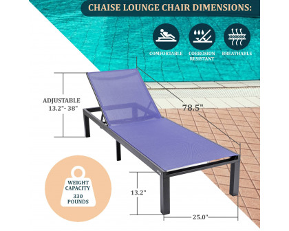 LeisureMod Marlin Modern Black Aluminum Outdoor Patio Chaise Lounge Chair with Square Fire Pit Side Table - Navy Blue