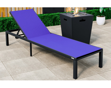 LeisureMod Marlin Modern Black Aluminum Outdoor Patio Chaise Lounge Chair with Square Fire Pit Side Table - Navy Blue