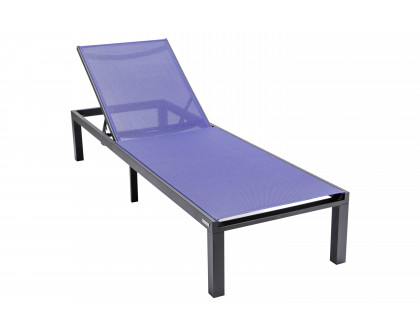 LeisureMod Marlin Modern Black Aluminum Outdoor Patio Chaise Lounge Chair with Square Fire Pit Side Table - Navy Blue