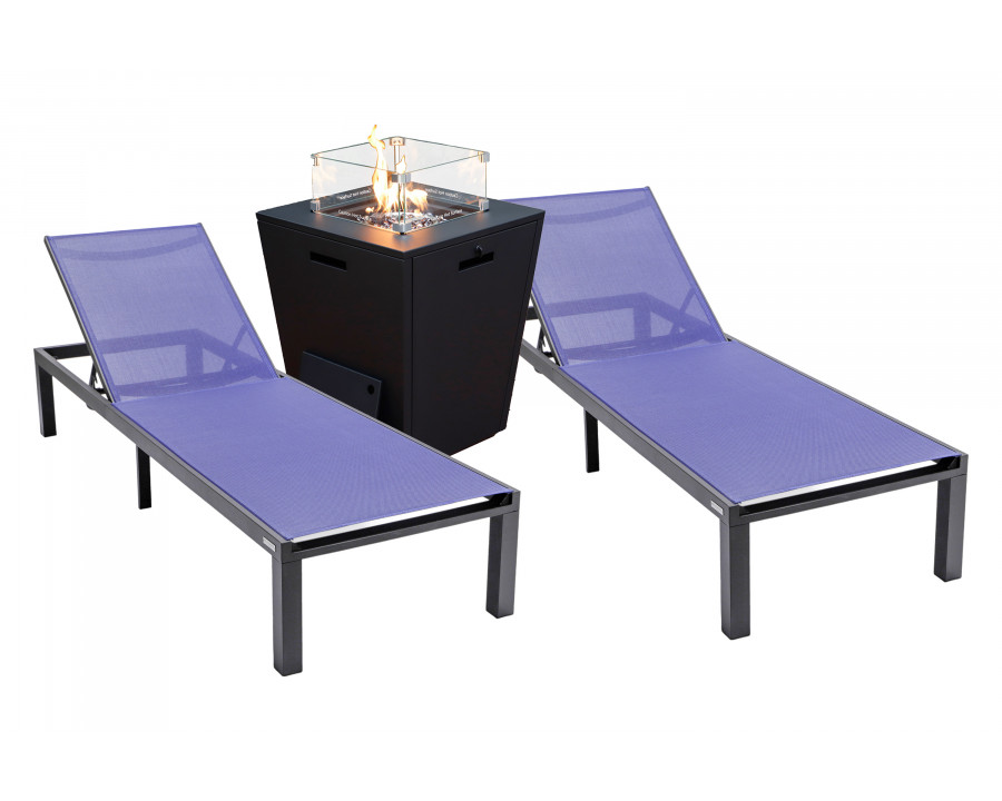 LeisureMod Marlin Modern Black Aluminum Outdoor Chaise Lounge Chair With Square Fire Pit Side Table Set of 2 - Navy Blue