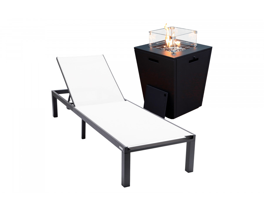 LeisureMod Marlin Modern Black Aluminum Outdoor Patio Chaise Lounge Chair with Square Fire Pit Side Table - White