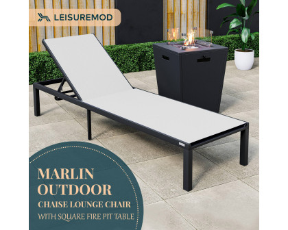 LeisureMod Marlin Modern Black Aluminum Outdoor Patio Chaise Lounge Chair with Square Fire Pit Side Table - White