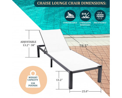 LeisureMod Marlin Modern Black Aluminum Outdoor Patio Chaise Lounge Chair with Square Fire Pit Side Table - White