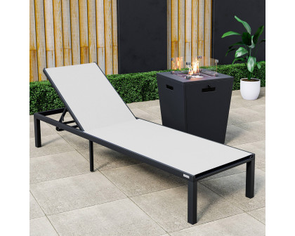 LeisureMod Marlin Modern Black Aluminum Outdoor Patio Chaise Lounge Chair with Square Fire Pit Side Table - White