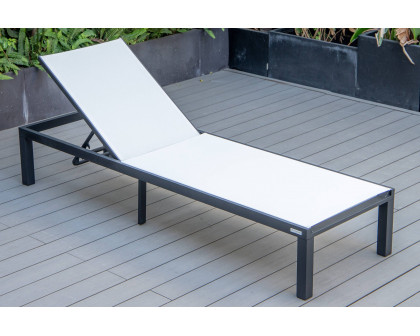 LeisureMod Marlin Modern Black Aluminum Outdoor Patio Chaise Lounge Chair with Square Fire Pit Side Table - White