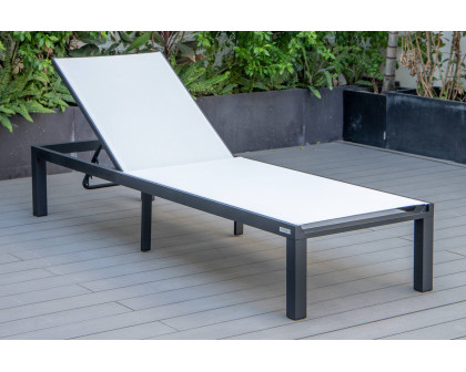 LeisureMod Marlin Modern Black Aluminum Outdoor Patio Chaise Lounge Chair with Square Fire Pit Side Table - White