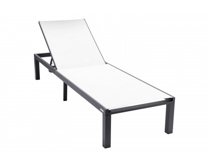 LeisureMod Marlin Modern Black Aluminum Outdoor Patio Chaise Lounge Chair with Square Fire Pit Side Table - White