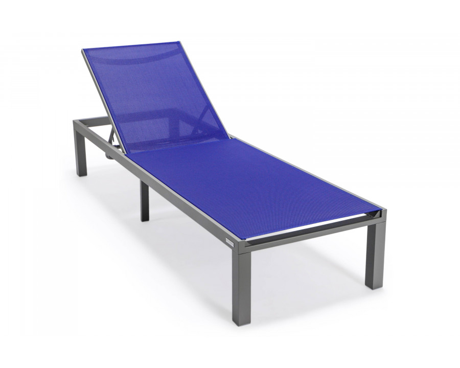 LeisureMod Marlin Patio Chaise Lounge Chair With Gray Aluminum Frame - Navy Blue